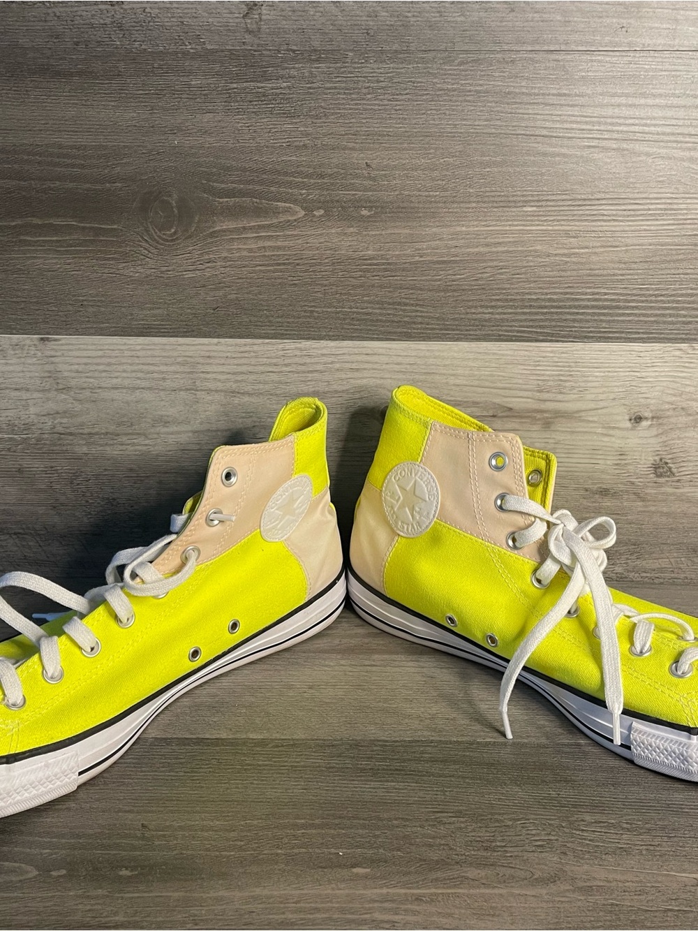 Converse High Top Sneakers in Neon Yellow and Cream - Picture 4 of 16